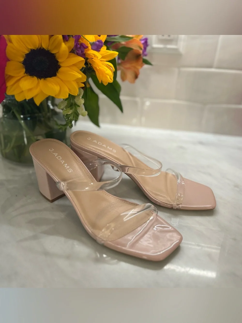 3.Adams Nude Patent Block Heel with Clear Straps